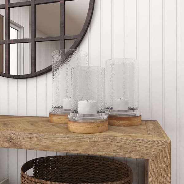Litton Lane Brown Wood Pillar Hurricane Lamp (Set of 3)