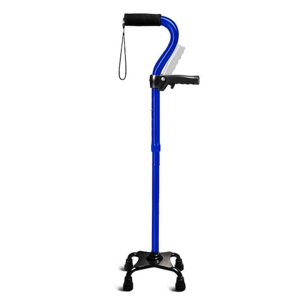Blue Adjustable Walking Cane with 4-Pronged Base, Foldable Cane with Foam Padded Offset Handle for Seniors