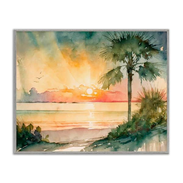 Stupell Industries Sunrise Through Palms by Svetlana Aleynikova Gray Framed Nature Giclee Art Print 11 in. x 14 in.