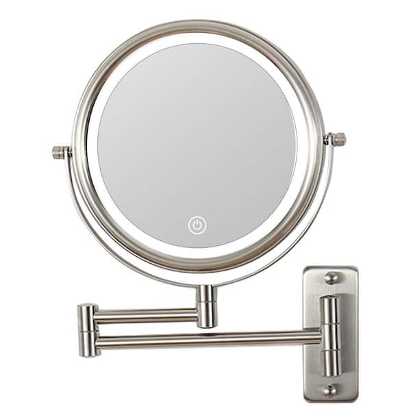 8 in. H x 8 in. W LED Lighted Wall Mount Bi-View 10X/1X Magnification Bathroom Makeup Mirror in Brushed Nickel LS8K-WL-N - The Depot
