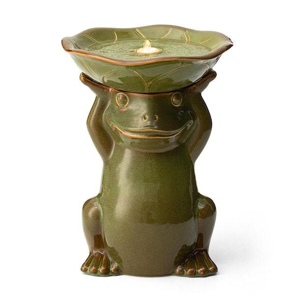 Glitzhome 21.5 in. H Outdoor Olive Green Frog Hold a Lotus Birdbath Ceramic Water Floor Fountain with Pump and LED Light