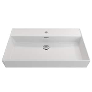 Milano Wall-Mounted Matte White Fireclay Rectangular Bathroom Sink 32 in. 1-Hole with Overflow
