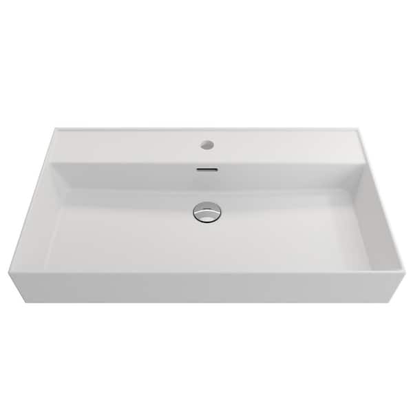 BOCCHI Milano Wall-Mounted Matte White Fireclay Rectangular Bathroom Sink 32 in. 1-Hole with Overflow