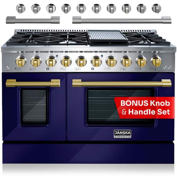 JANSKA Professional Series 48 in. 6.7 cu. ft. 8-Burners Double Oven Gas Range with Griddle in Lustrous Blue