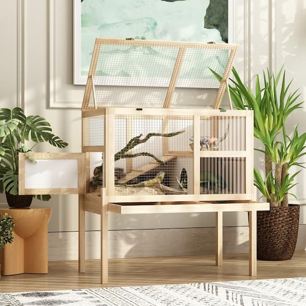 FUFU&GAGA 34.9 in. x 19.7 in. x 36.6 in. Large Wooden Turtle Habita Reptile House Outdoor Reptile Tank Cage Lizards Hamster Log