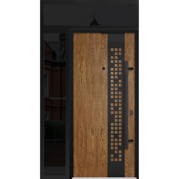 VDOMDOORS 6678 50 in. x 96 in. Left-hand/Inswing Sidelight and Transom Natural Oak Steel Prehung Front Door with Hardware