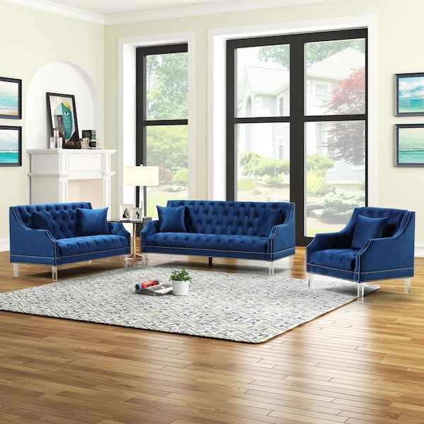 Blue Velvet 3 Seater Tufted Sofa