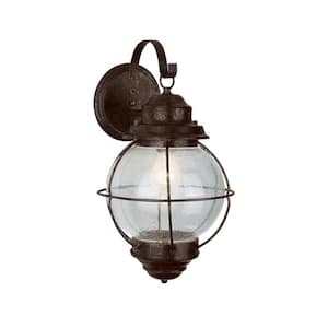 Catalina 13.5 in. 1-Light Rustic Bronze Outdoor Wall Light Fixture with Seeded Glass
