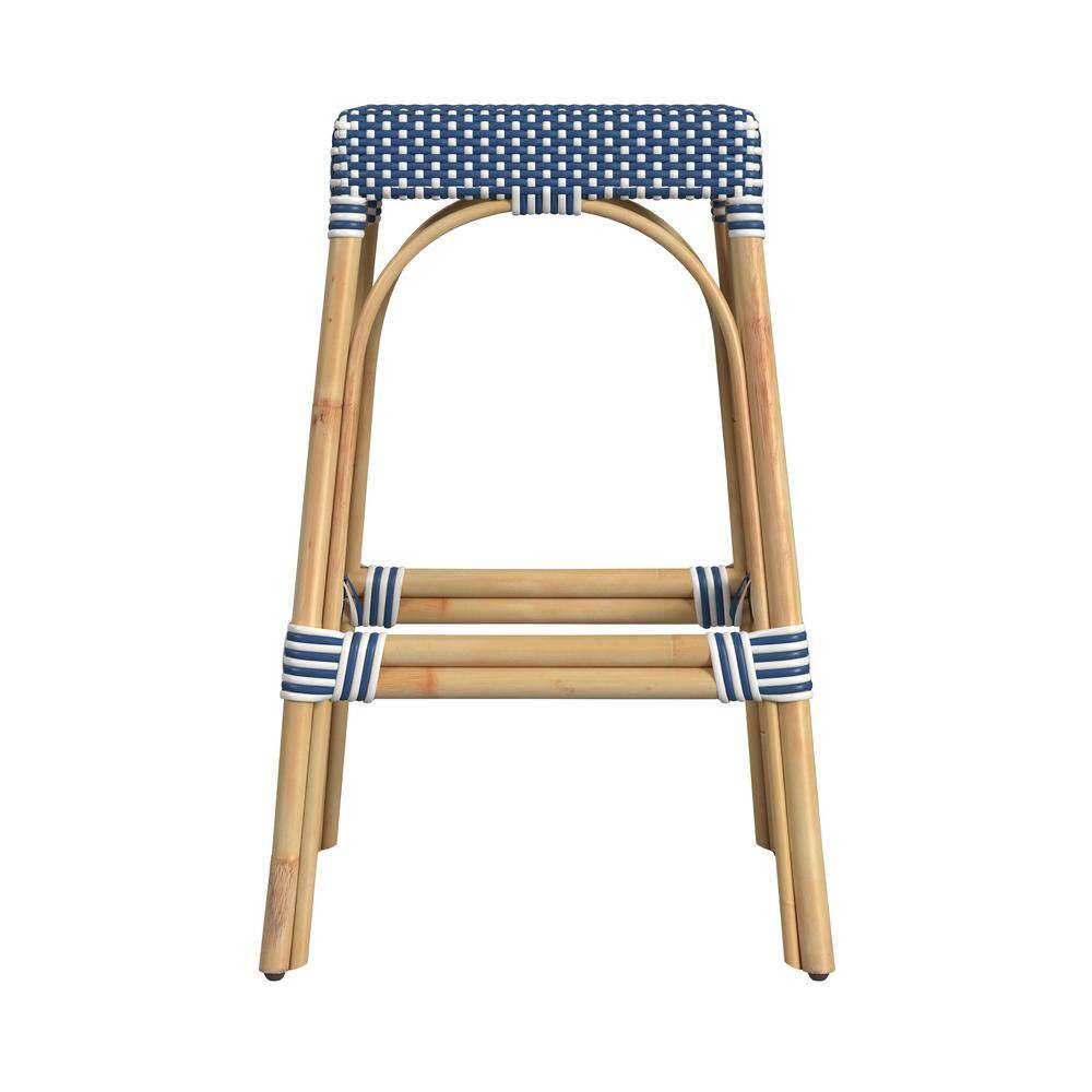 Skye Blue & White Dot 30" Backless Rattan Bar Stool