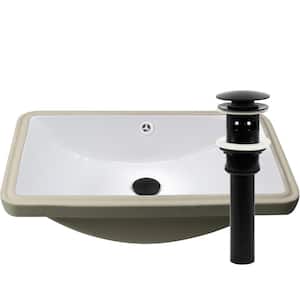 18 in. Small Undermount Porcelain Bathroom Sink in White with Overflow Pop-Up Drain in Matte Black