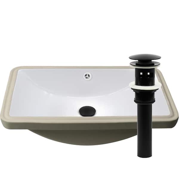 Novatto 18 in. Small Undermount Porcelain Bathroom Sink in White with Overflow Pop-Up Drain in Matte Black