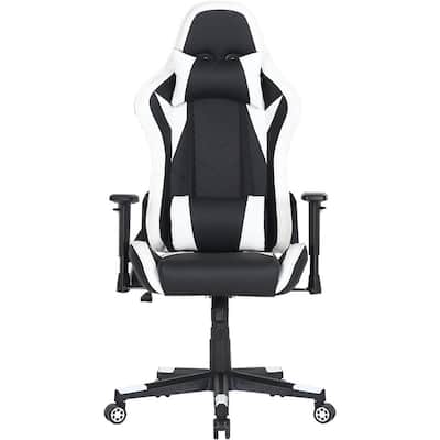 Black and White Faux Leather Gaming Chair with Adjustable Gas Lift Seating, Lumbar and Neck Support