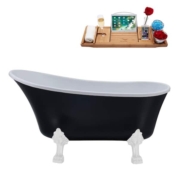 Streamline 63 in. Acrylic Clawfoot Non-Whirlpool Bathtub in Matte Black With Glossy White Clawfeet And Polished Chrome Drain