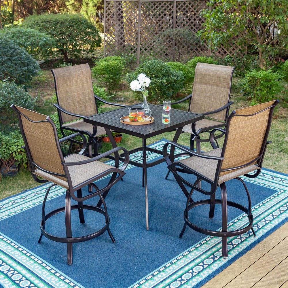 PHI VILLA Black 5-Piece Metal Square Outdoor Bistro Patio Bar Set with ...