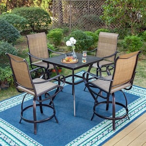 Black 5-Piece Metal Square Outdoor Bistro Patio Bar Set with Slat Bar Table and Swivel Bistro Chairs