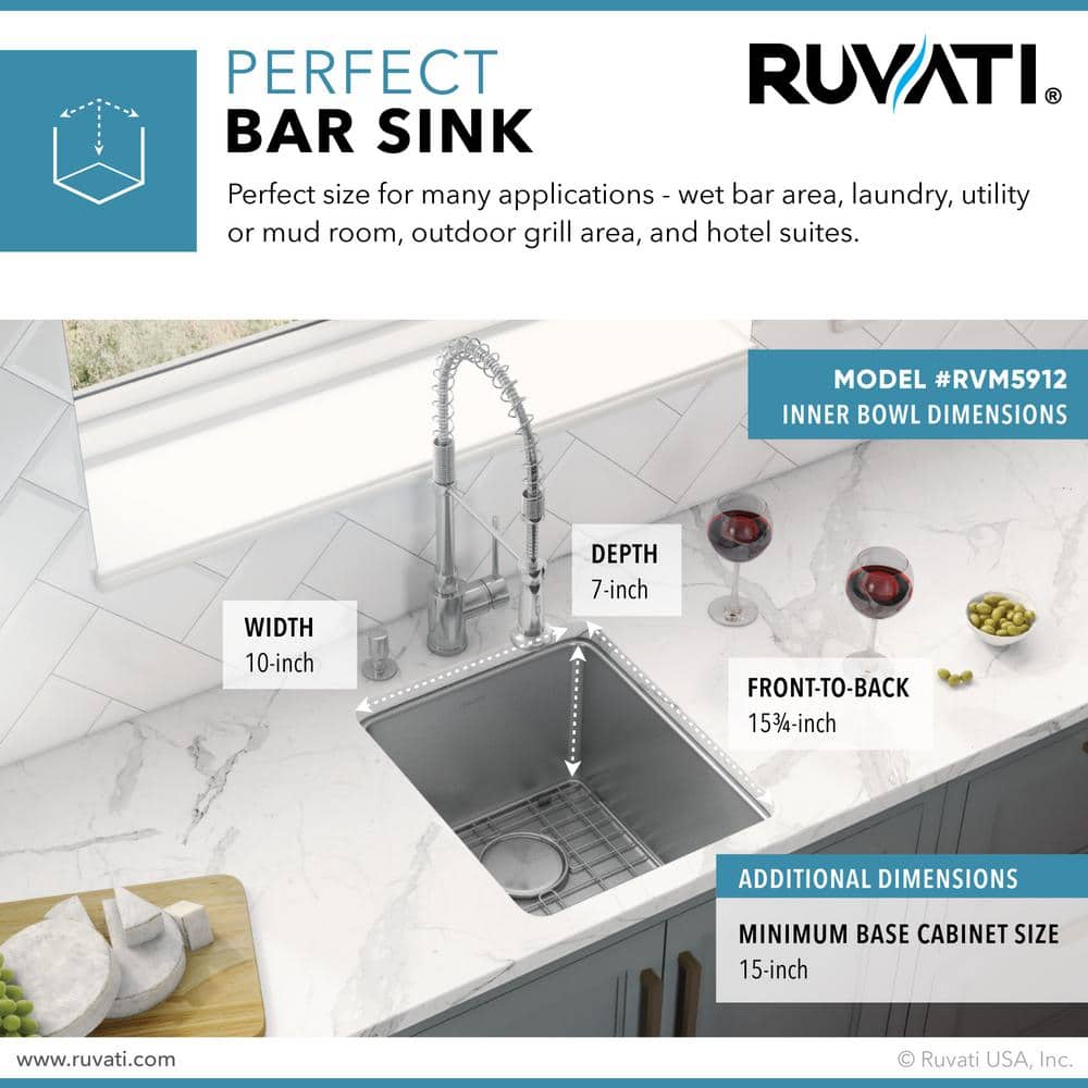 Ruvati 12" Stainless Steel Undermount Single Bowl Bar Sink