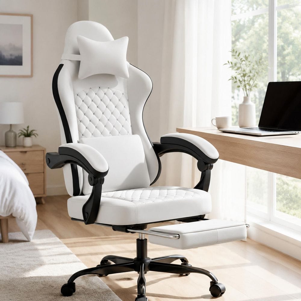 Fabric Massage Footrest Reclining Highback Swivel Ergonomic Gaming Chair in White + Black with Adjustable 3D Linkage Arm