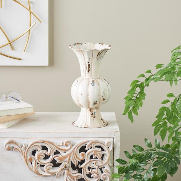 Litton Lane Cream Vintage Tulip Metal Floral Decorative Vase with Brown and Teal Distressing