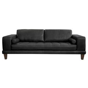 Genuine Black Leather Contemporary Sofa with Brown Wood Legs