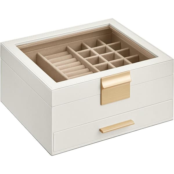 Afoxsos 9.1 x 8 x 4.1 in. Cloud White MDF Jewelry Box with Glass Lid, 2-Layer Organizer, 1 Drawer, for Big and Small Jewelry