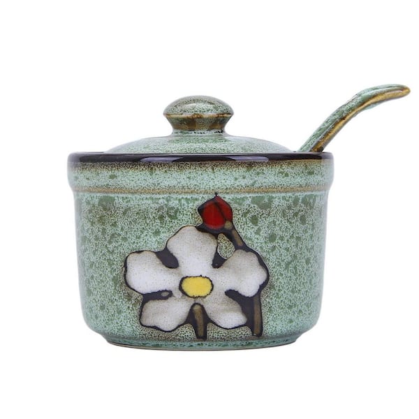 Green 5.4 fl. oz. Retro Hand Painted Flower Ceramic Round Sugar Bowls Spice Containers Jar with Spoon Round Condiment