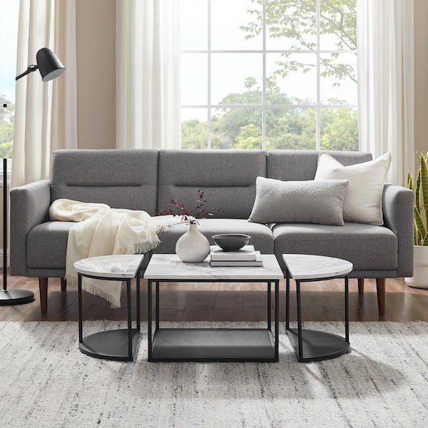 Modern 3-Piece 43 in. Calacatta Marble/Black Oval MDF and Metal Coffee Table Set
