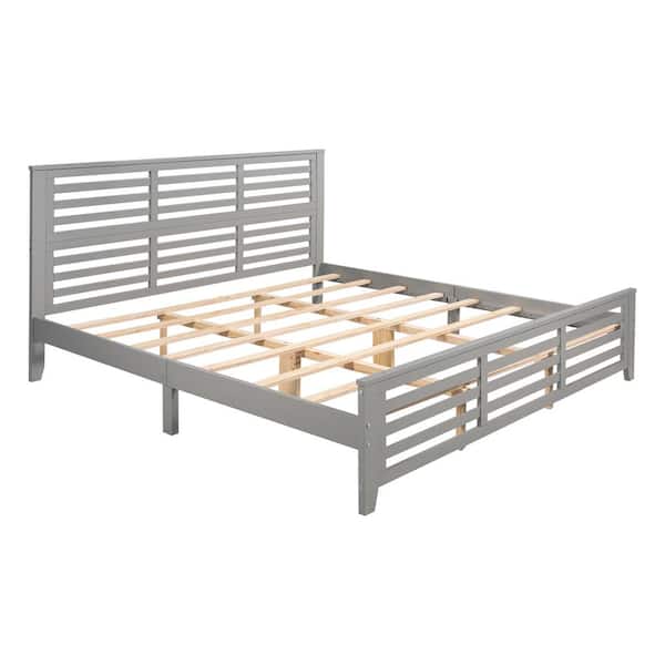 URTR 79.9 in.W Gray King Platform Bed with Horizontal Strip Hollow Shape, Wood Bed Frame with Headboard, No Box Spring Needed