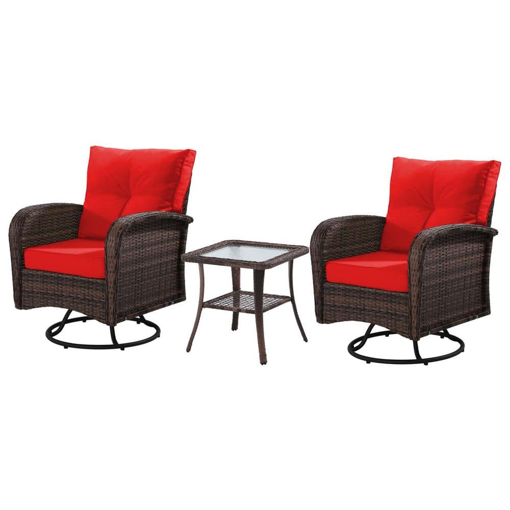 3-Piece Brown Wicker Swivel Outdoor Chat Sets with Red Cushions and Table price history on PriceWatchPro