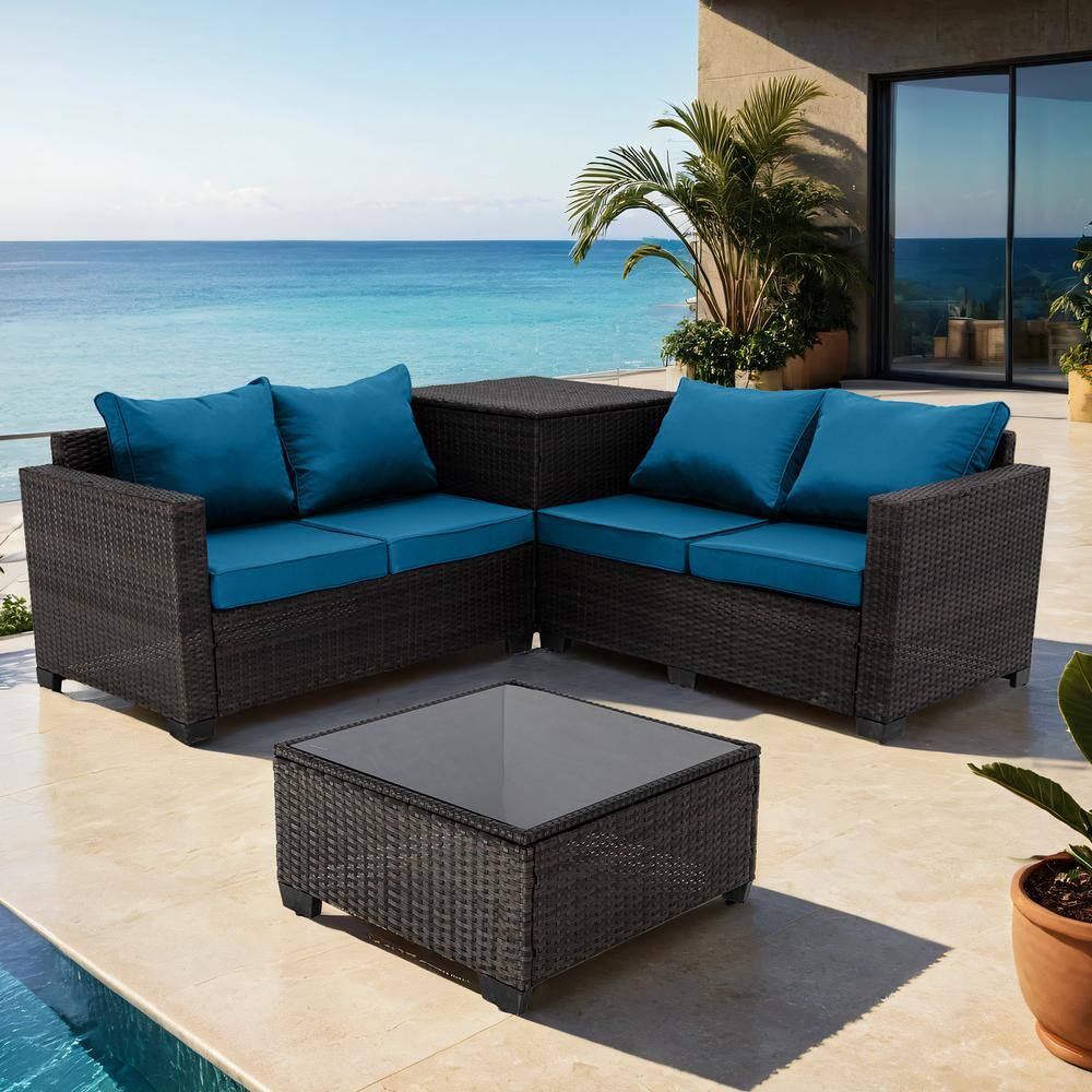 4-Piece Brown Wicker Outdoor Sofa Sectional Set with Peacock Blue Cushions,