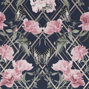 Botanical Trellis Navy and Pink Removable Wallpaper Sample