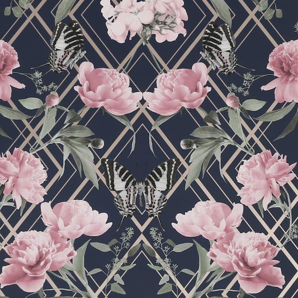 Sublime Botanical Trellis Navy and Pink Removable Wallpaper Sample