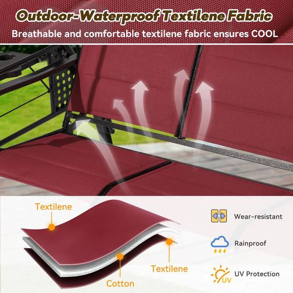 3-Person Square Tube Metal Red Patio Swing Adjustable Canopy