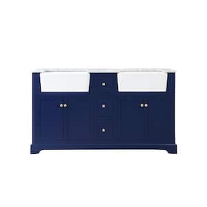 Timeless Home 60 in. W x 22 in. D x 34.75 in. H Double Bathroom Vanity Side Cabinet in Blue with White Marble Top