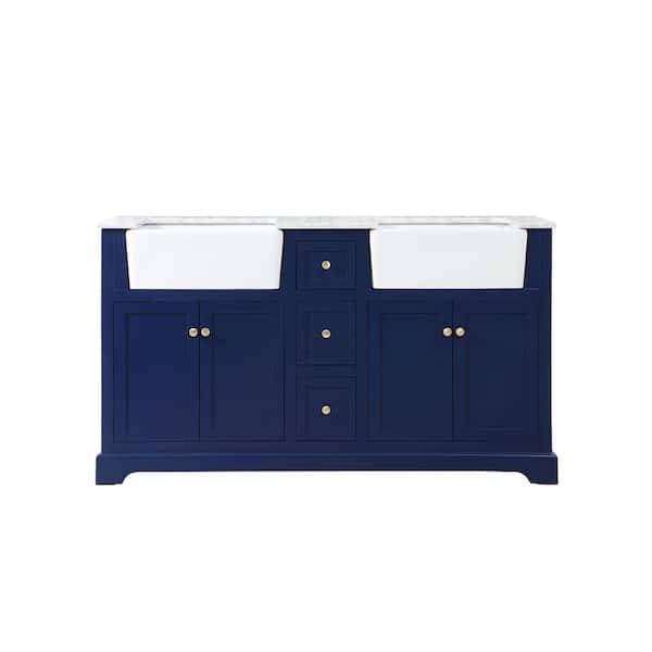 Unbranded Timeless Home 60 in. W x 22 in. D x 34.75 in. H Double Bathroom Vanity Side Cabinet in Blue with White Marble Top