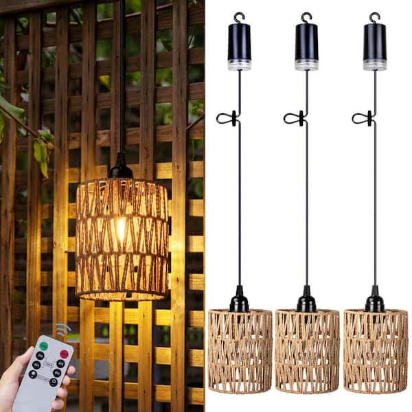 3-Pack Battery Operated Chandelier, Hanging  Rattan Pendant Lights with Warm White Bulb for Gazebo and Pergola