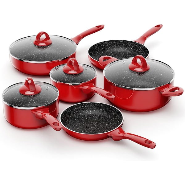 10-Piece Red Nonstick Aluminum Cookware Set – Induction Compatible, Dishwasher Safe, Includes Pans & Stockpot
