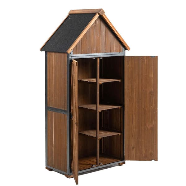 32.3 in. W x 21 in. D x 67 in. H Brown Outdoor Storage Cabinet Wood Shed Garden Shed with Metal Frame and Shelves