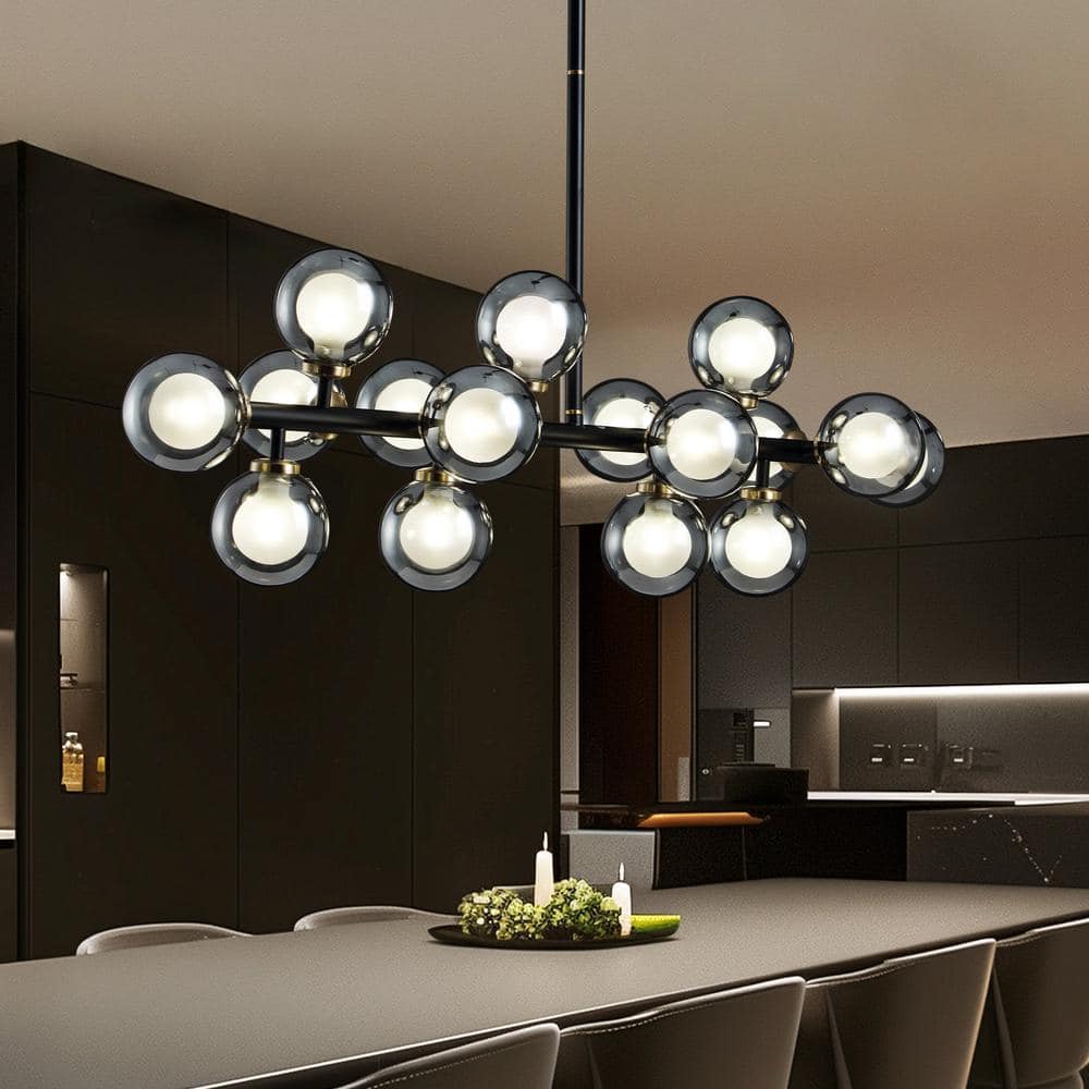 Modern Black Linear Glass Beaded 16-Light Chandelier