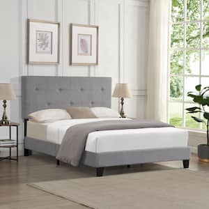 57.5 in. W Gray Full Size Upholstered Platform Bed Frame with Modern Button Tufted Linen Fabric Headboard, Wood Slats