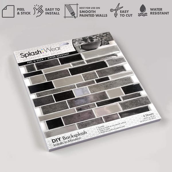 10.5 in x 10.5 in Silver and Black Mosaic Vinyl Peel and Stick Wall Tile (4-Pack)