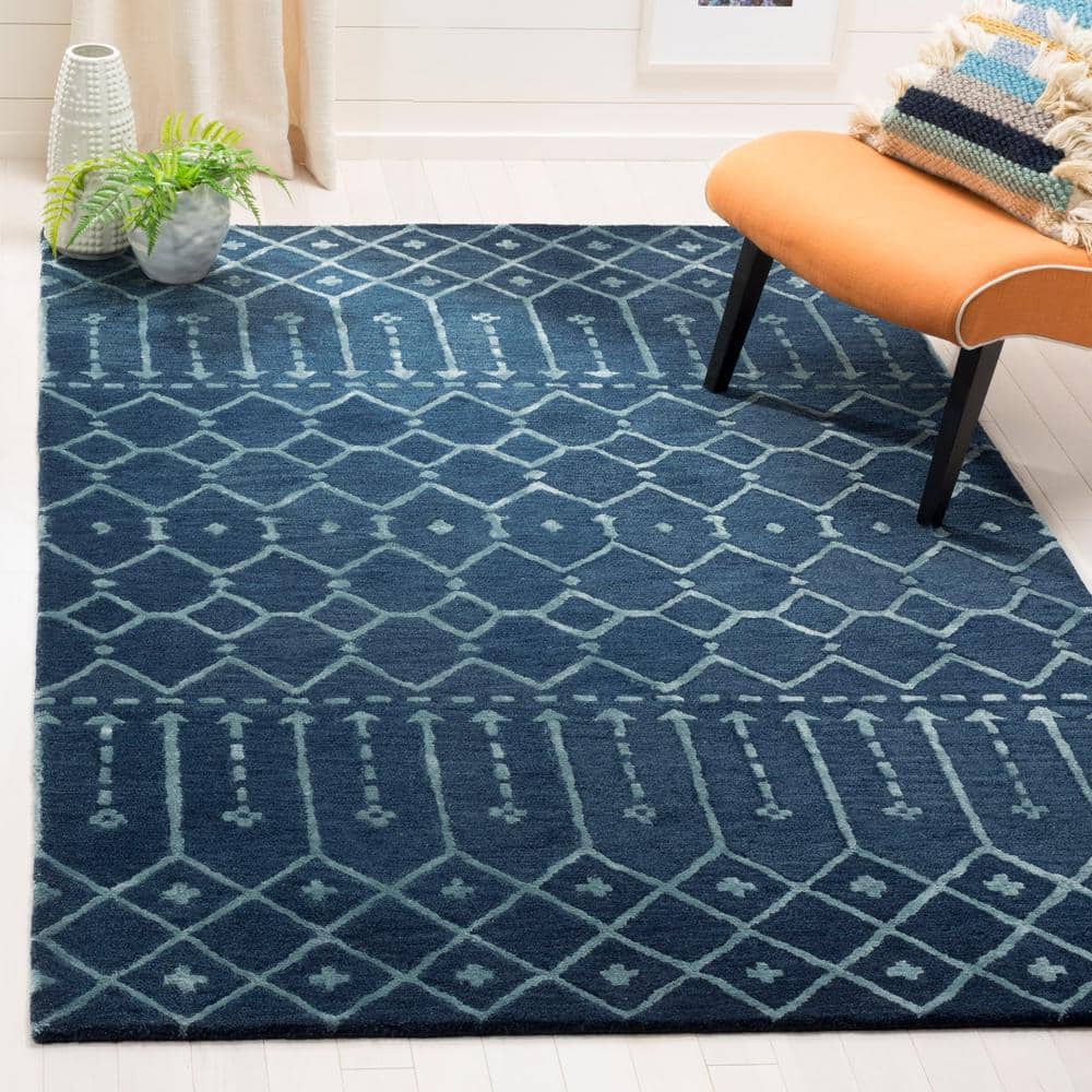 Handmade Navy and Silver Wool Geometric 10' x 14' Area Rug