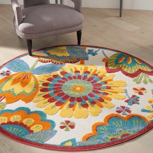 Aloha Multicolor 4 ft. x 4 ft. Round Floral Contemporary Indoor/Outdoor Patio Area Rug
