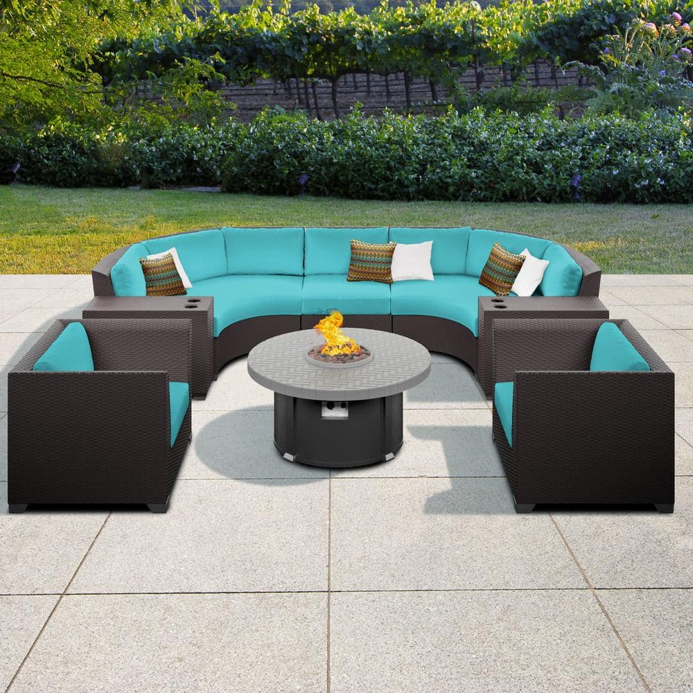 TK CLASSICS Barbados 8-Piece Wicker Outdoor Conversation Set with Fire Pit and Aruba Blue Cushions -  7005635