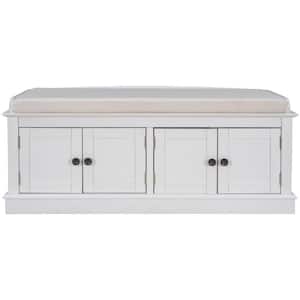 White Storage Bench, 4-Doors & Adjustable Shelves, Shoe Bench, Removable Cushion (42.7 in. L x 16 in. W x 17.4 in. H )
