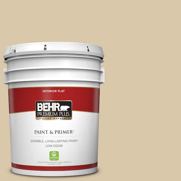 BEHR PREMIUM PLUS 5 gal. #ECC-54-1 New Khaki Flat Low Odor Interior Paint & Primer