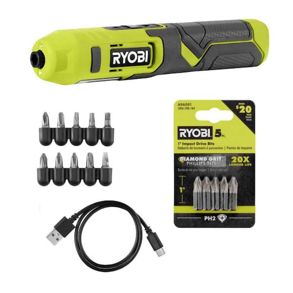 4V Cordless 1/4 in. Screwdriver Kit with Bit Accessories (10PC), USB Cable, & 1 in. Diamond Grit Impact Drive Bits (5PC)