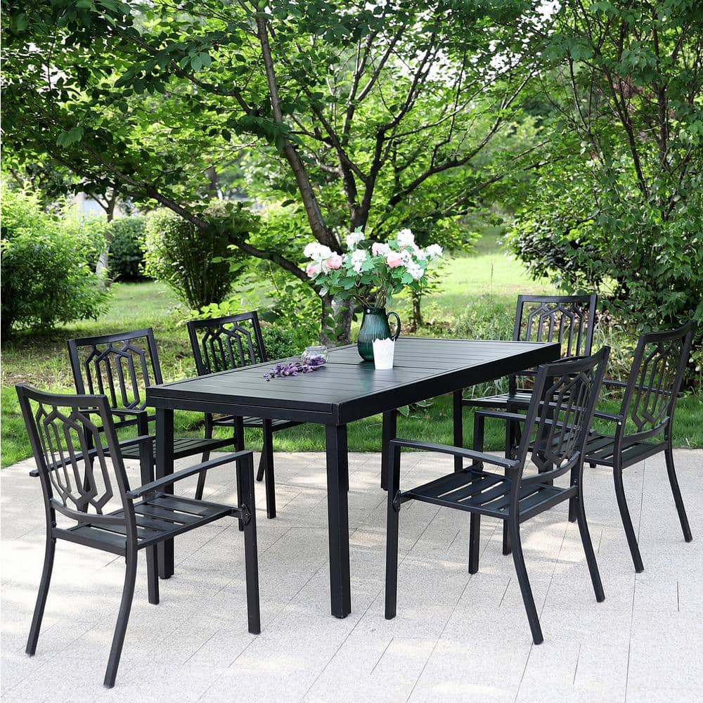 PHI VILLA Black 7Piece Metal Outdoor Patio Dining Set with Extendable