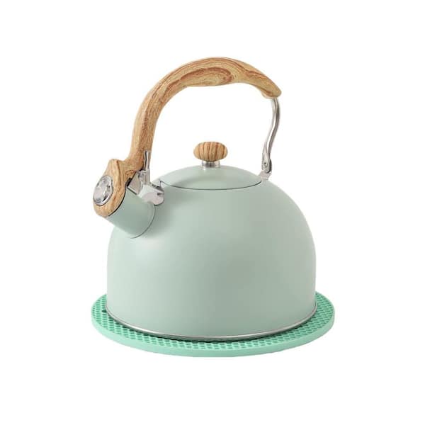 2.5 qt. 10-Cup Whistling Tea Kettle for Stove Top with Food Grade Stainless Steel and Wooden Folding Handle, Turquoise