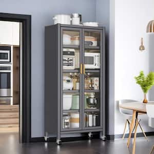 Gray Metal Microwave Cart, Double Door Kitchen Bakers Rack Microwave Stand with Wheels and 5 Storage Shelves