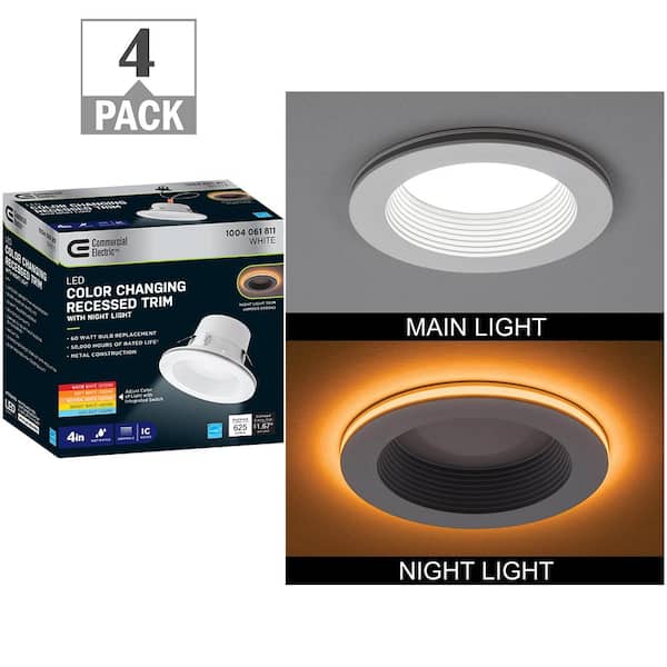 Commercial Electric 4 in. Adjustable CCT Integrated LED Recessed Light Trim with Night Light Feature 625-Lumens 10.4-Watts Dimmable (4-Pack)